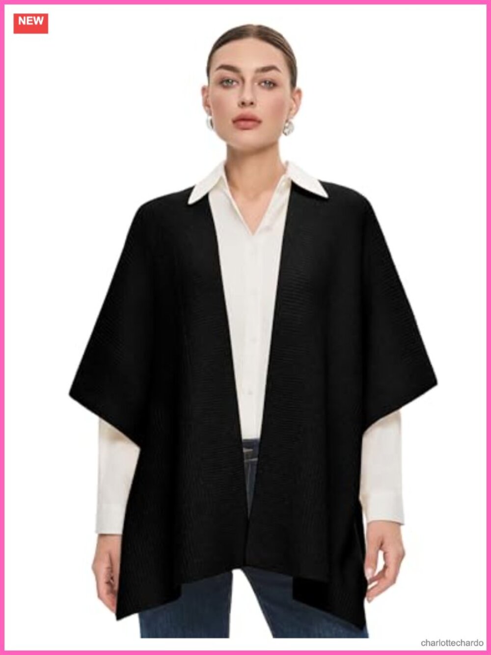 Ribbed Knit Open Front Shawl Wrap Poncho Cape